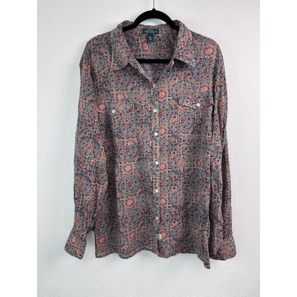 LRL Lauren Jeans Co women's 3X brown patterned gauzy long sleeve button down top - Picture 1 of 7